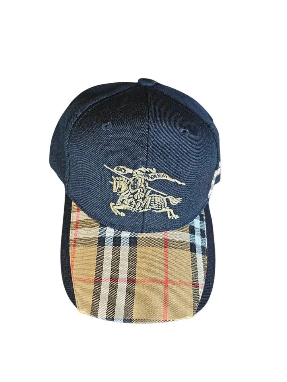 🔥NWT‼️✨ Burberry ✨ Black Baseball Cap Hat with Tan Vintage Check Brim - Unisex - Picture 11 of 14